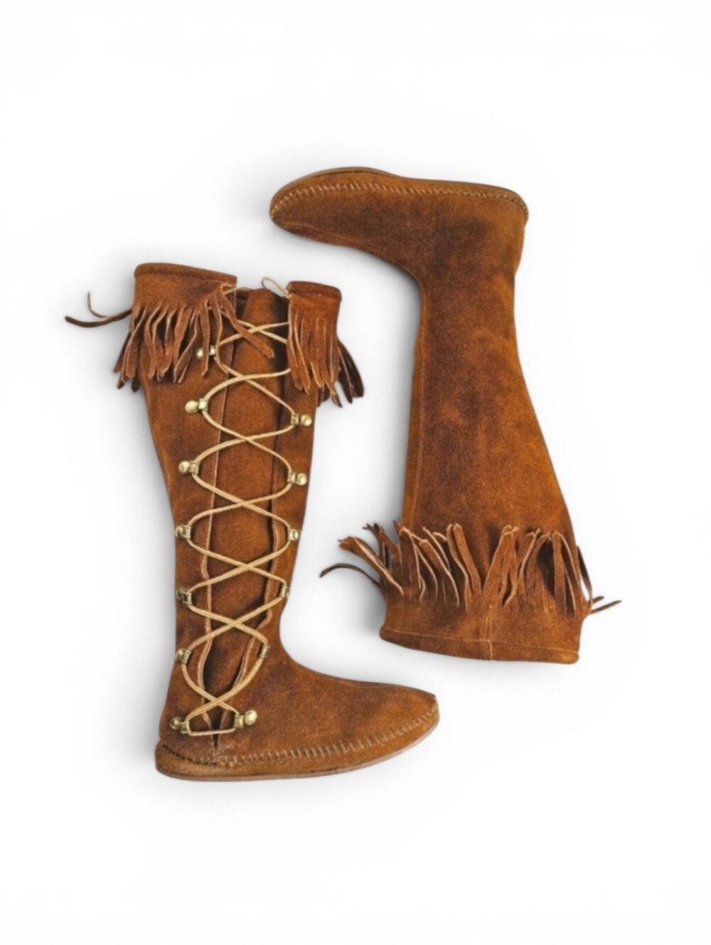 Vintage Suede Lace Up Moccasin Fringe Boots in Umber Brown Women's Size 5 - Picture 1 of 12
